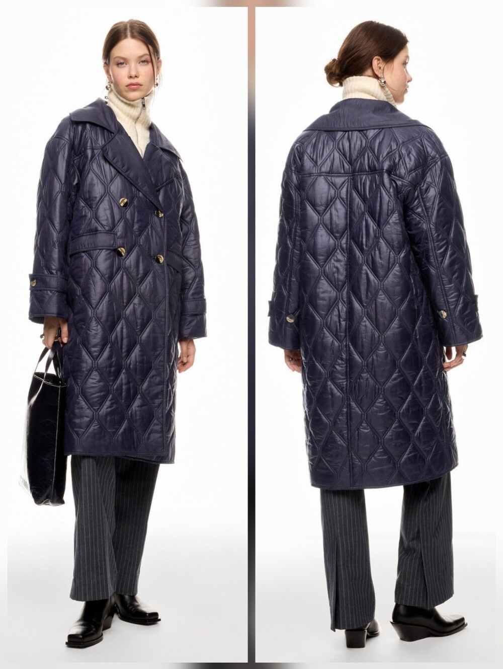 GANNI Shiny Quilt Coat Long Sleeve Front Button Size L/XL